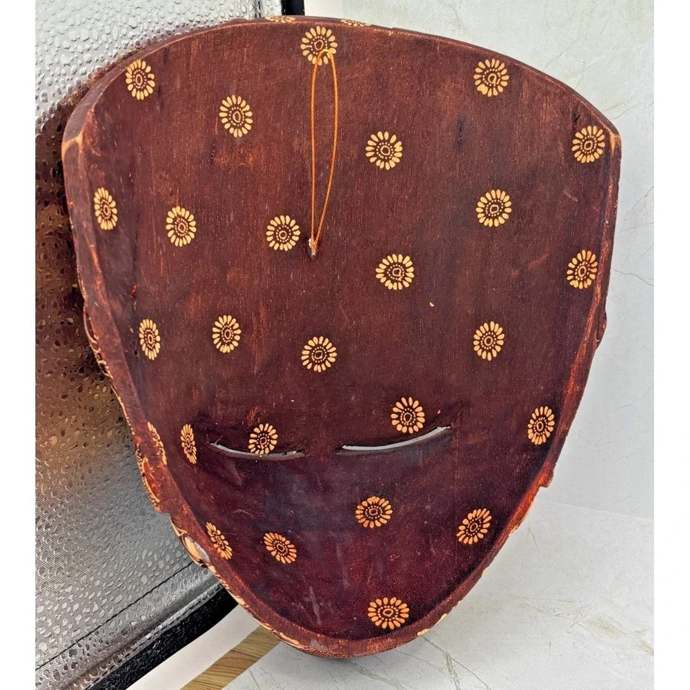Hand Carved Indonesian Batik Wood Mask Batik Pattern Bird Motif Wall Art EUC